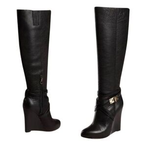 BCBGMAXAZRIA Ma-Remy Knee High Black Lamb Leather Wedge Boots Size 8.5